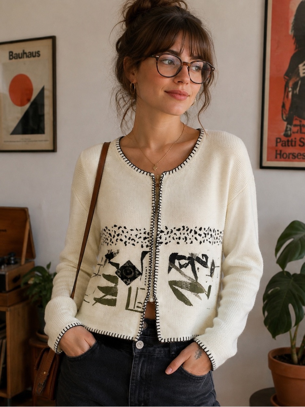Vintage K.D. Spring small zip up art to wear abstract pattern cardigan
